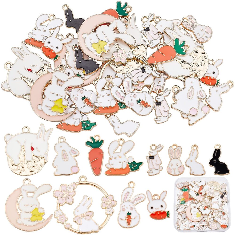 3302 1 Box 48Pcs 12 Styles Easter Charms Bulk Bunny Charm Rabbit Carrot